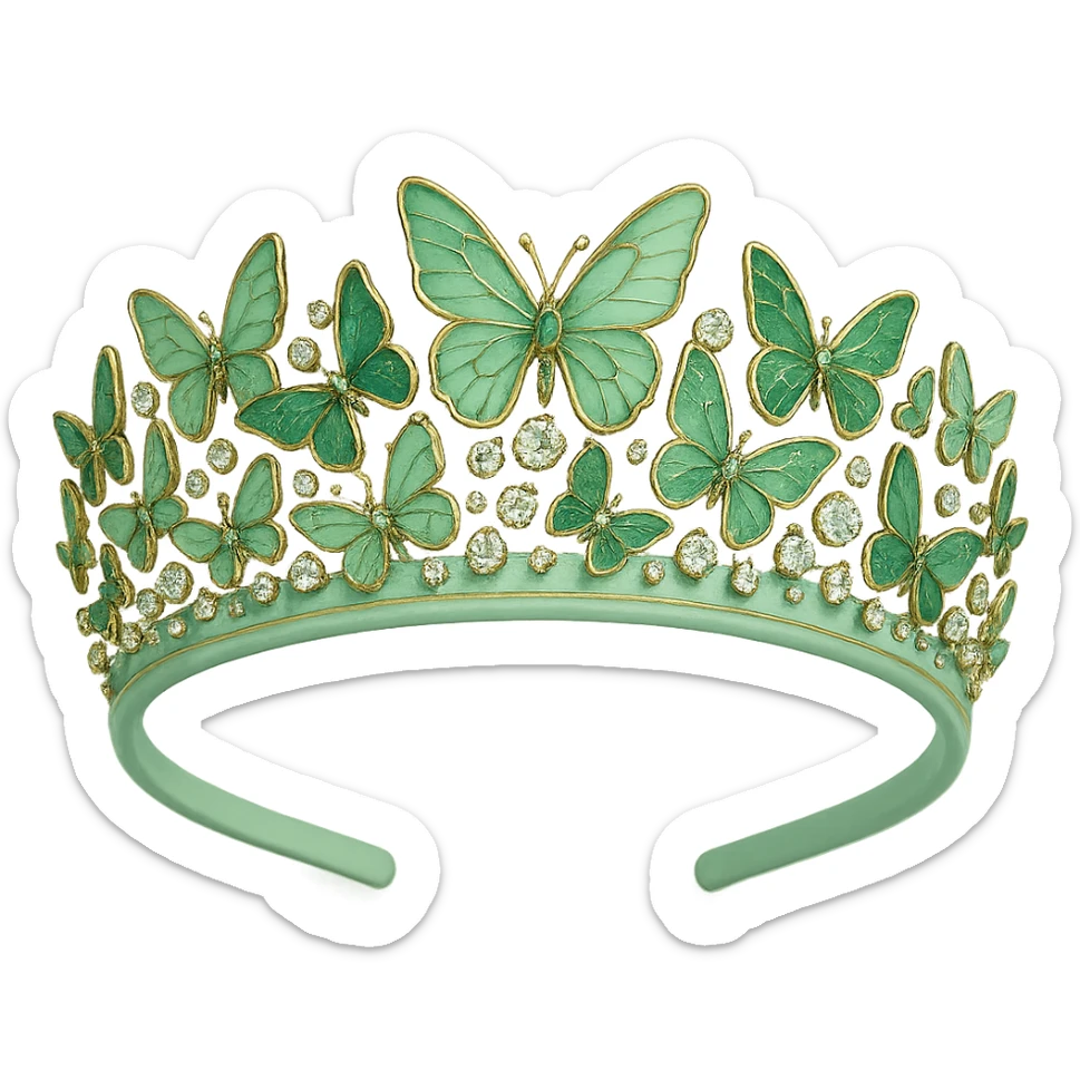 butterfly crown with a pastel green base, butterflies in light and dark green enamel, sparkling gems sticker