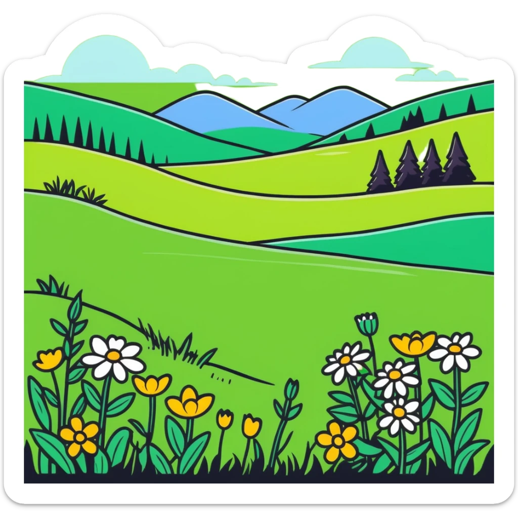 a lush green meadow with wildflowers, cartoonish sticker style sticker