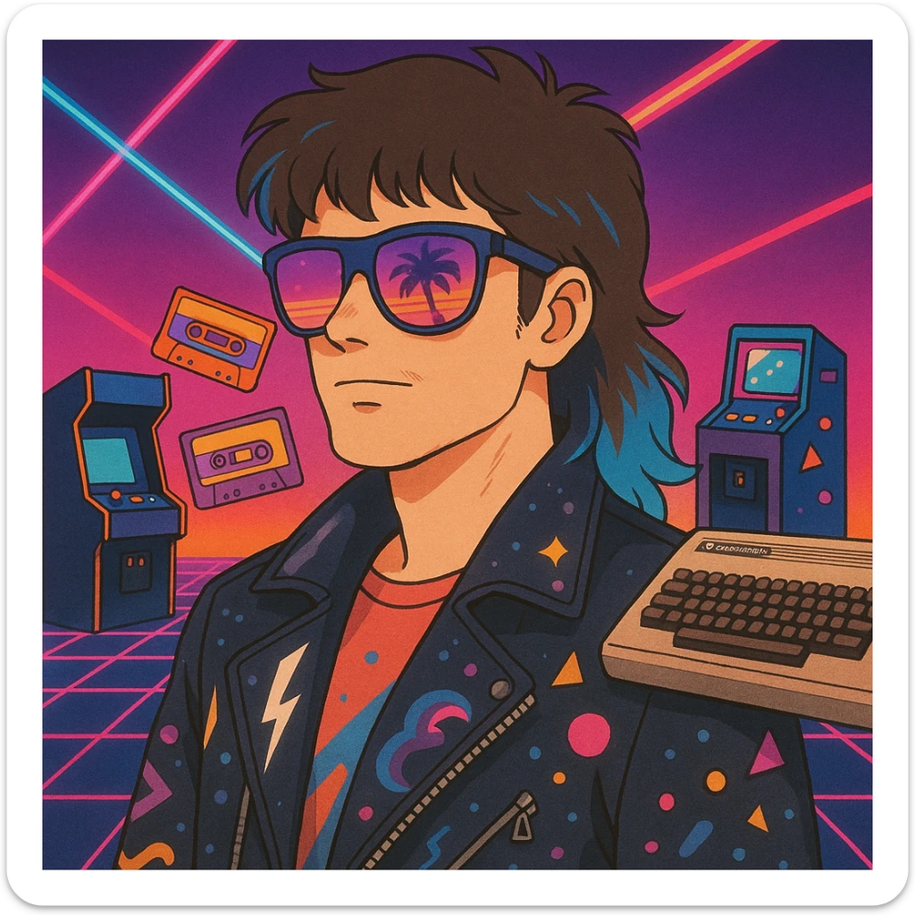 80s retro-futurism male portrait with mullet haircut with neon blue tips, airbrushed sunglasses with pink-purple gradient and palm/sunset reflection, leather jacket with lightning, cosmic, and Memphis Design patterns, neon gradient background with perspective grid, laser beams, cassettes, arcade games, Commodore 64, MTV-era palette sticker