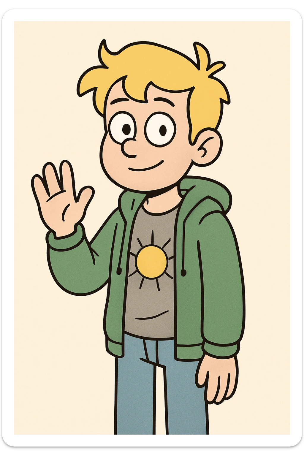 A boy yellow hair grey t-shirt yellow sun green hoodie lights blue jeans a hand hello  sticker
