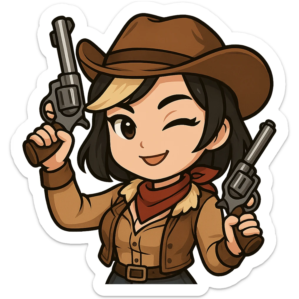 Chibi cowgirl with slightly longer hair and a blonde streak, wearing a cowboy hat and western outfit, holding two revolvers, pose with one gun raised, winking expression, chibi/anime style, transparent background, sized for Twitch or Discord use. sticker