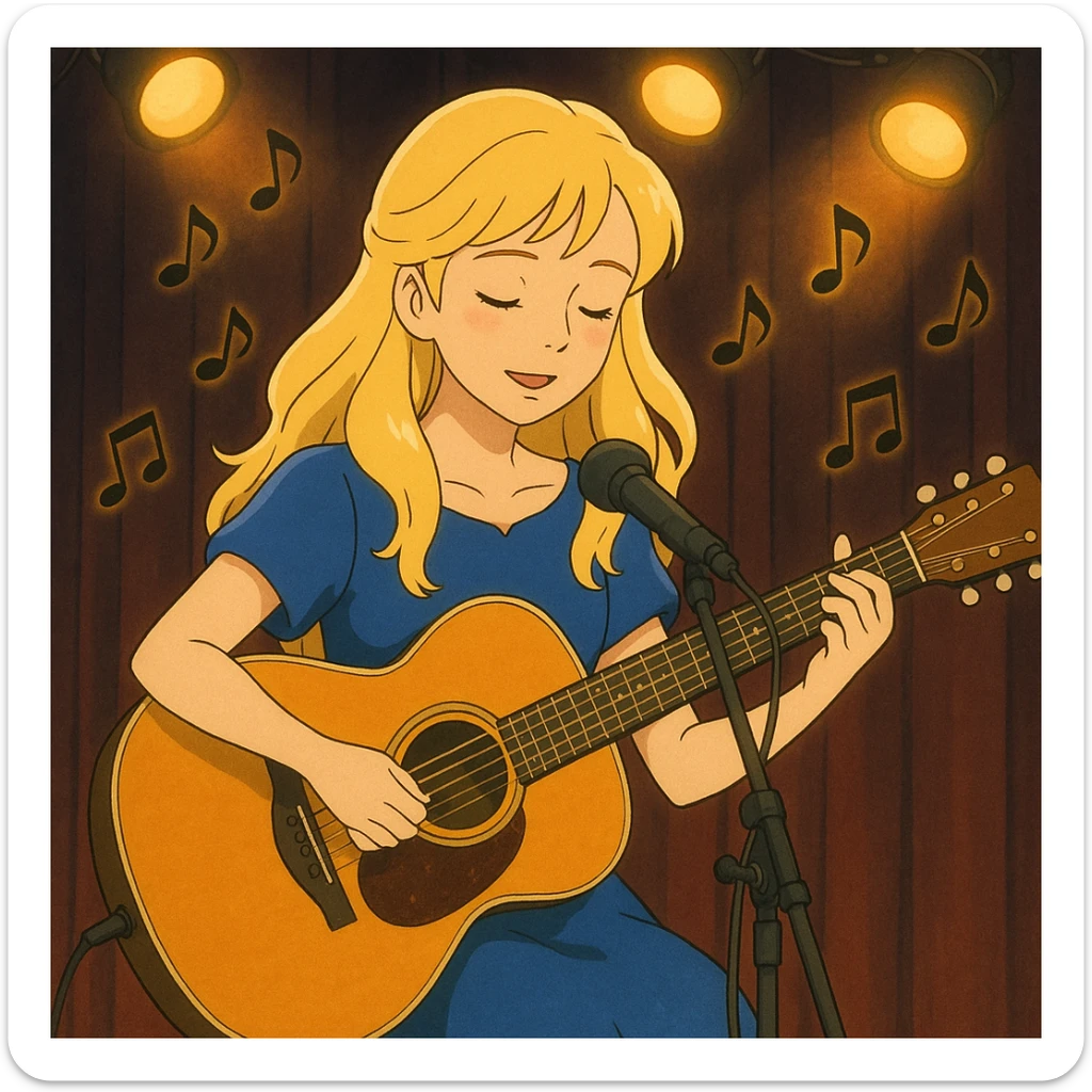 ghibli style illustration of a beautiful blonde girl playing guitar on a stage, music notes in the air, stage lights sticker