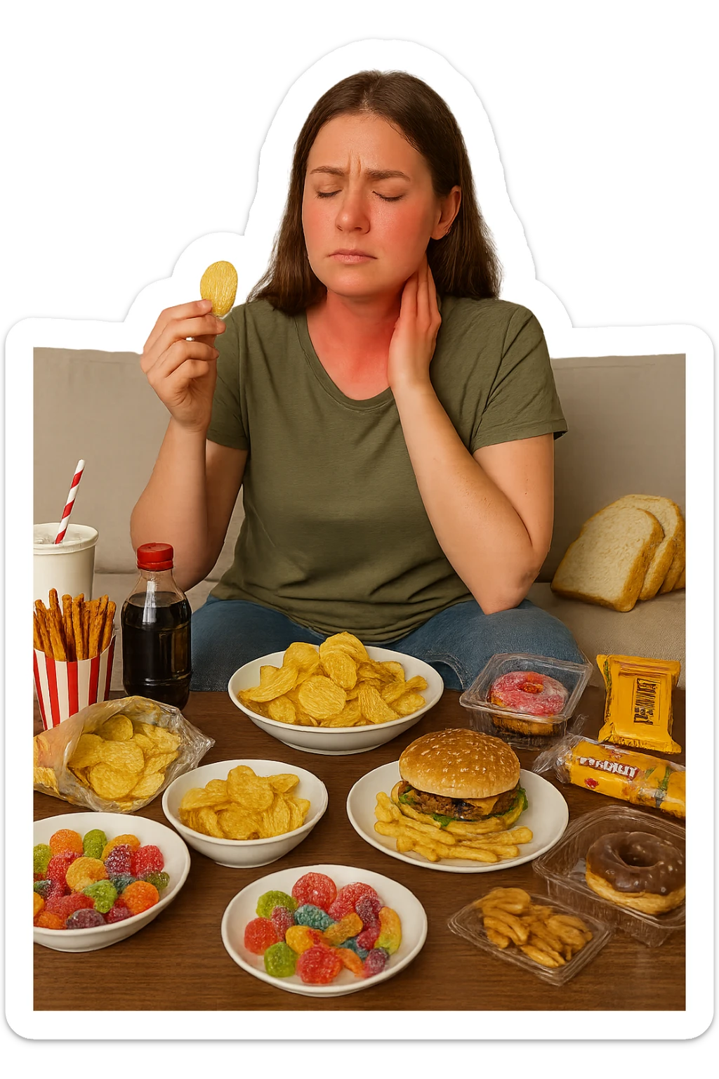 Donna tra i 25 e i 35 anni seduta sul divano o a un tavolo disordinato, circondata da cibi sparsi e poco sani: patatine, dolci, pane bianco, snack confezionati, bibite. con infiammazione e squilibri ormonali sticker