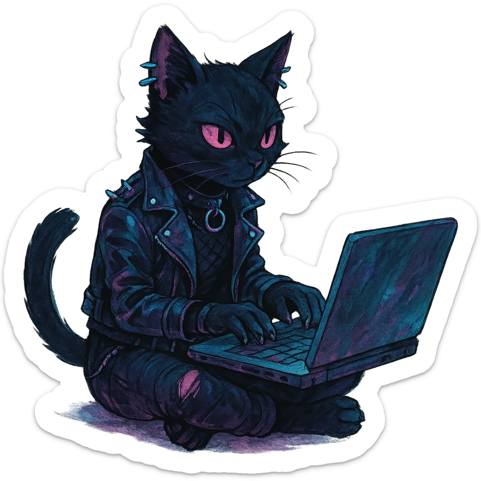  [[[it's a black cat typing at a laptop]]], , punk gothic style, futuristic cyberwave cyberpunk, sitting position
 sticker
