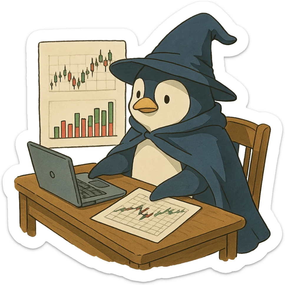 penguin with wizard hat and cape, sitting at a desk with financial charts and a laptop, ghibli-inspired style sticker