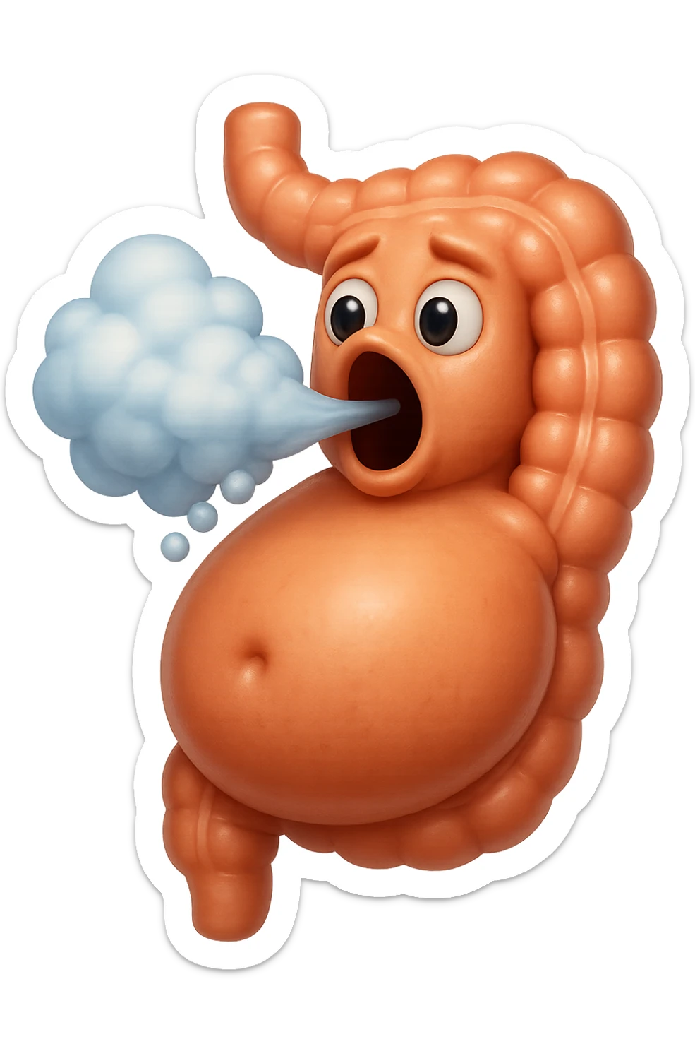 emoji stile iphone di un intestino che ingoia una nuvoletta di aria ben visibile e gli si gonfia la pancia, non fargli il naso, iperrealistico 4k sticker