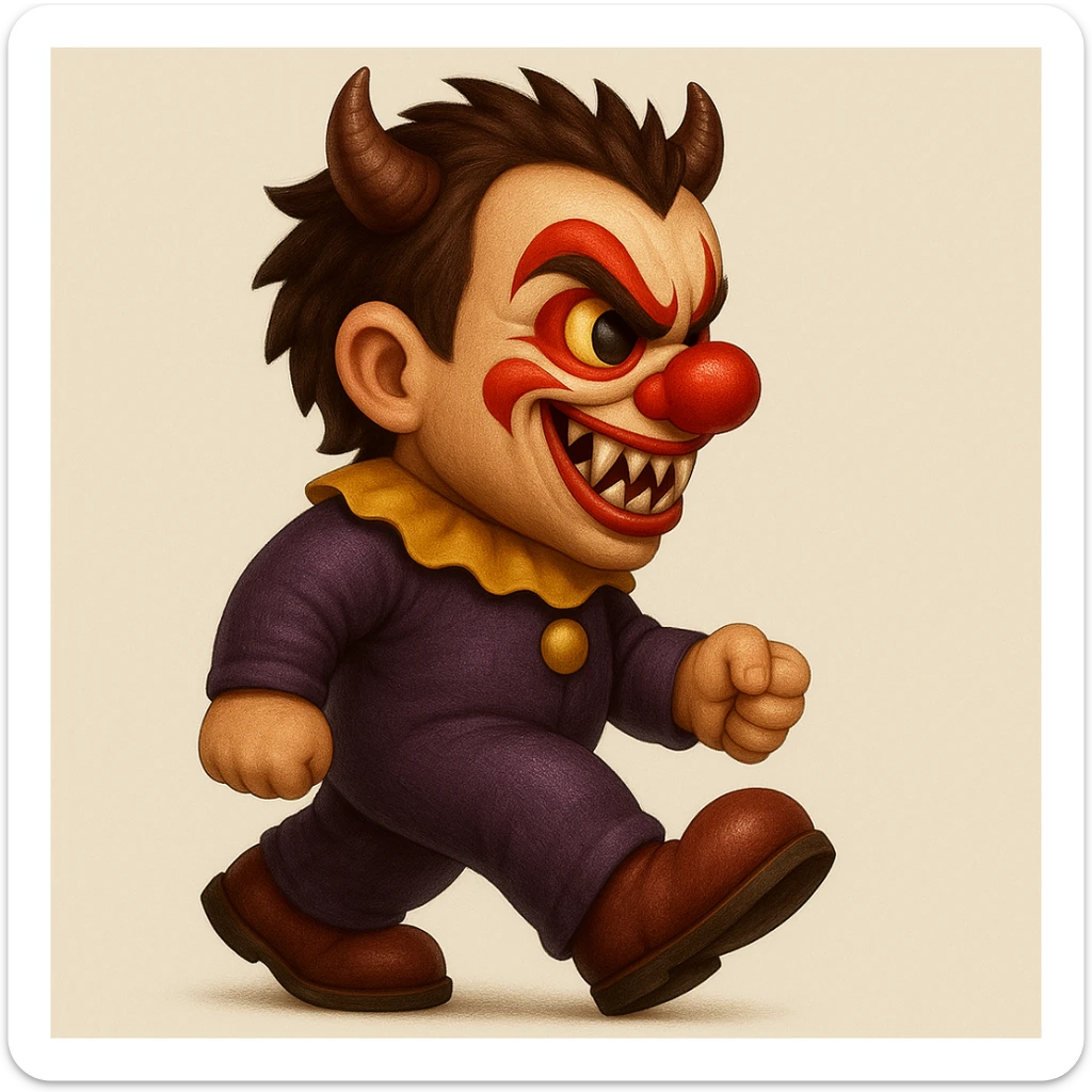 Enhance the full-body child demonic clown with horns and fangs facing left in emoji art style. Add more details emphasizing textures, clothing, facial features, and accessories while preserving the character's spirit and emoji style. sticker
