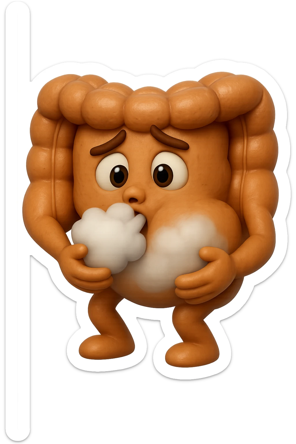 emoji stile iphone di un intestino che ingoia una nuvoletta di aria ben visibile e gli si gonfia la pancia, iperrealistico 4k sticker