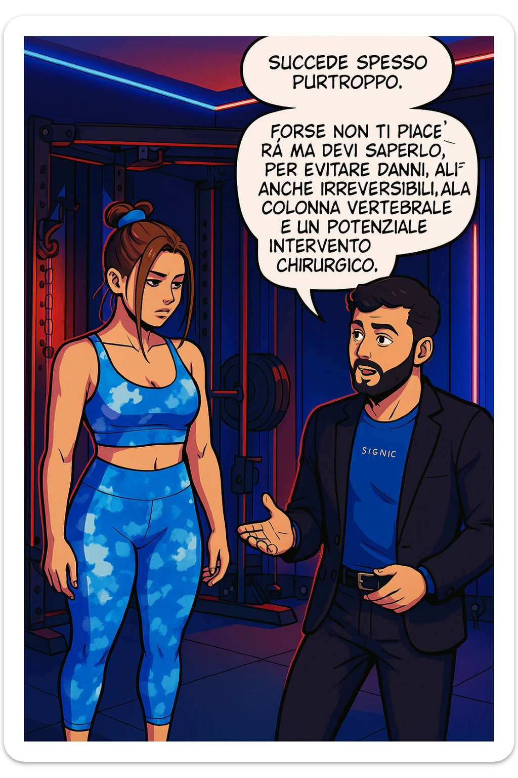 fai questa immagine in versione fumetto/manga/webtoon a colori, il manga mostra l'uomo che risponde alla donne:
Succede spesso purtroppo. 
Forse non ti piacerà ma devi saperlo, per evitare danni, anche irreversibili, alla colonna vertebrale e un potenziale intervento chirurgico. sticker