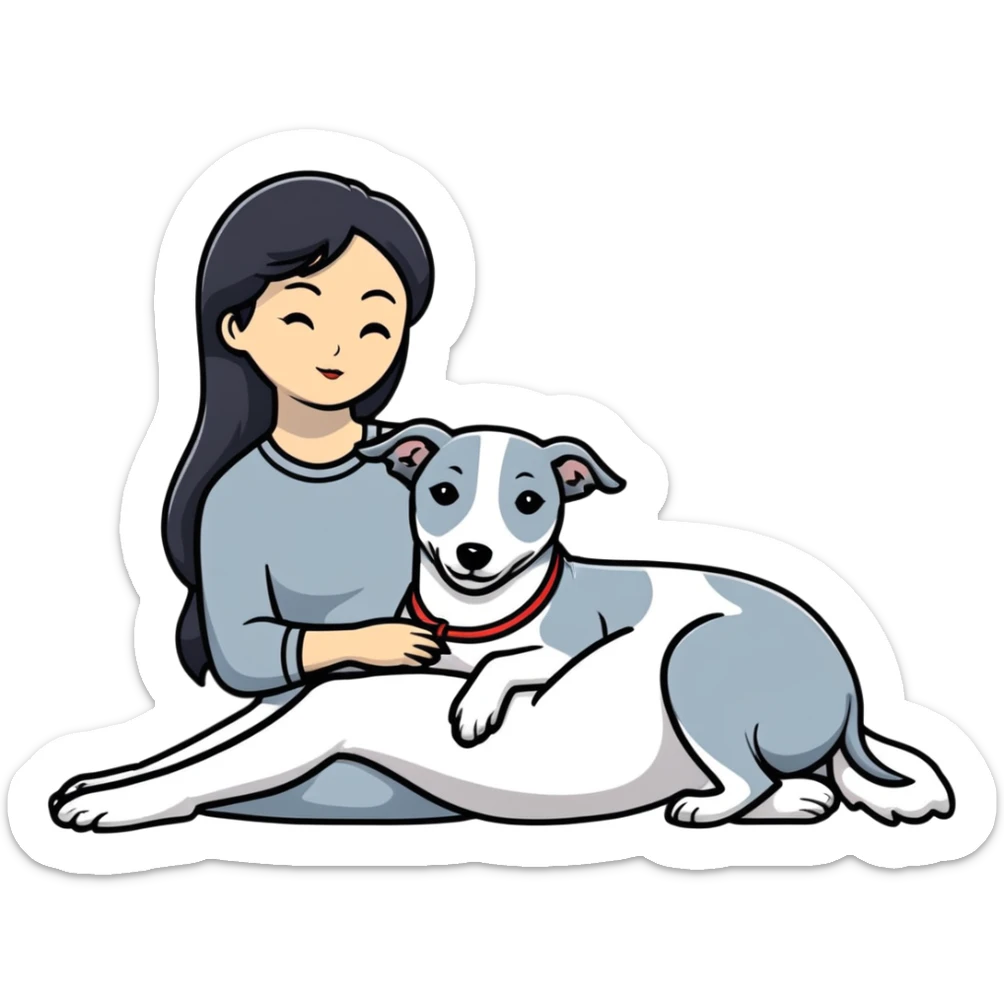 Very thin Chinese woman with long black hair relaxing in a luxurious hotel suite with exactly ONE whippet dog. EXTREME IMPORTANCE: the whippet must be ONE SOLID MEDIUM GREY COLOR (not too dark, not too light) from nose to tail with ABSOLUTELY NO WHITE MARKINGS anywhere - NO white on face, NO white on muzzle, NO white on chest, NO white on paws, NO white on tail - NOTHING BUT A SINGLE SHADE OF MEDIUM GREY throughout the entire animal sticker