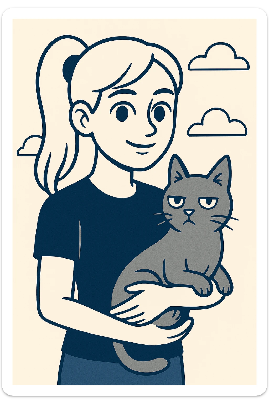 Change the girl's hairstyle to a high ponytail, keep long blond hair, brown eyes, and a grey cat, in a friendly, modern illustration style with flat blue colors and clean lines. sticker