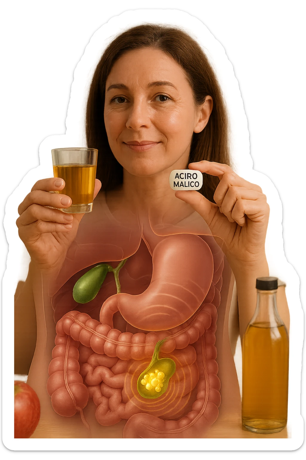 A detailed, realistic illustration or photo-style image showing a person holding a small glass of apple cider vinegar in one hand and a capsule labeled ‘Acido Malico’ in the other. In the foreground or as an overlay, a semi-transparent anatomical view of the abdomen highlights the gallbladder with visible small gallstones inside. Around the gallstones, gentle glowing waves or soft dissolving effects symbolize the softening or breakdown of the stones due to the natural acids. The person looks hopeful and calm, in a bright kitchen setting with fresh apples and natural health products on the counter. The overall mood is informative, natural, and hopeful about non-invasive, natural support for gallstone health sticker