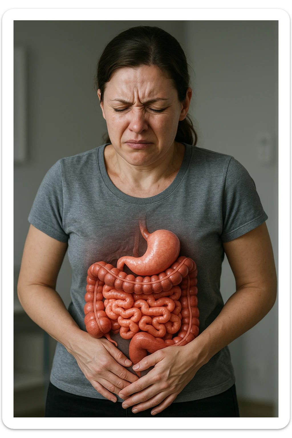 donna in piedi che si tiene la pancia con intestino umano anatomico e mal di pancia, iperrealistica 4k sticker