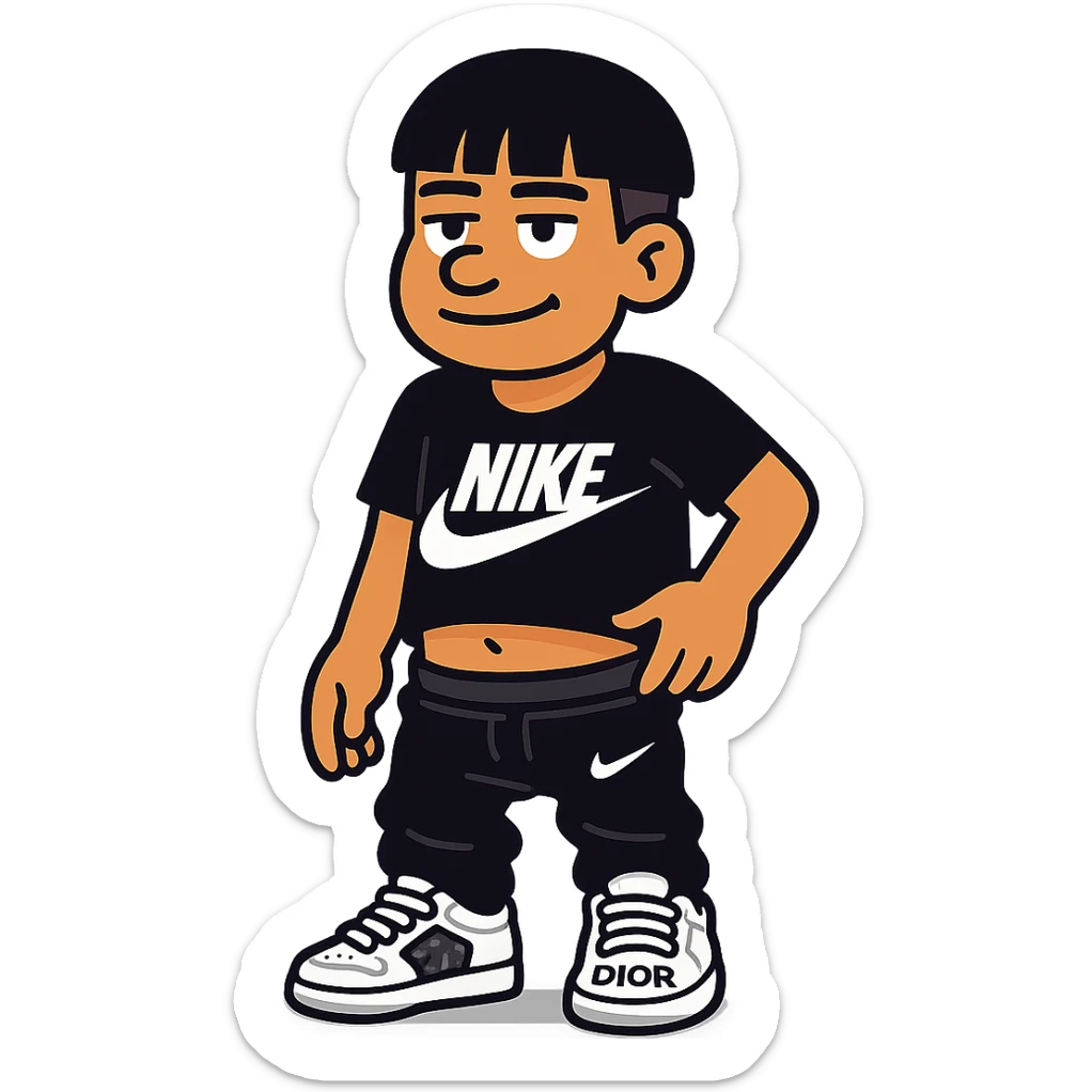 chico moreno cartoon with eyebrow-length bangs, wearing a black Nike t-shirt, black Nike pants lowered, white Dior sneakers, urban flow sticker