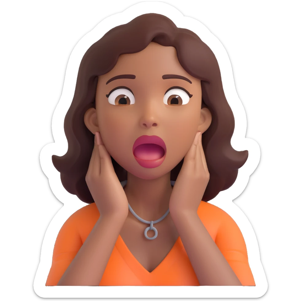 emoji of a woman with medium-dark skin tone, hands around her own neck, eyes bulging, mouth open, showing self-choking expression sticker