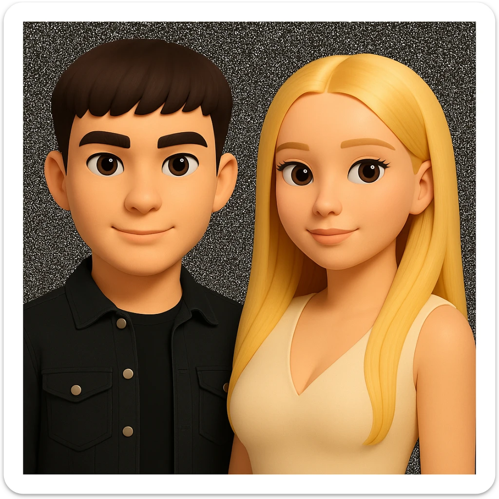 Slightly increase the volume of the upper body of the girl, separate the girl and the boy from each other, and make the skin color the same for both characters. Maintain the cartoonish 3D style as in the reference image. sticker