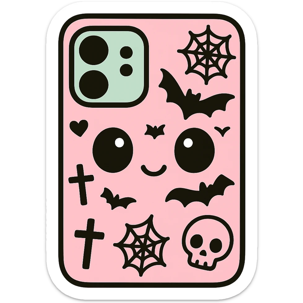 Add more gothic symbols such as crosses, spiderwebs, bats, and skulls to the pink and black kawaii phone case. Keep big eyes, heart accents, smiling, playful, with no background. sticker