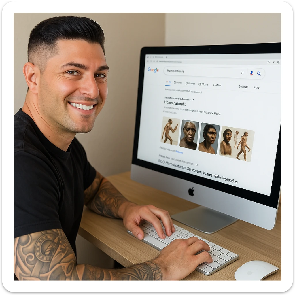 Create a realistic image of a man with the face and appearance of the person in the reference photo, sitting at a computer while searching on Google for 'Homo Naturalis'. The computer screen should clearly show the search. The tone should be natural and positive. sticker