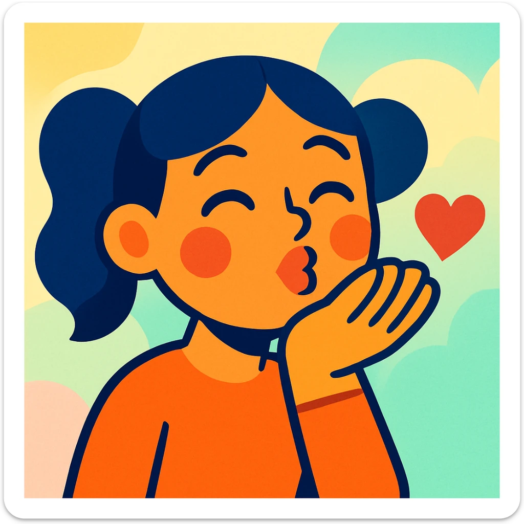 expressive illustration of a smiling girl sending a kiss, hand in front of mouth, soft and bright background sticker