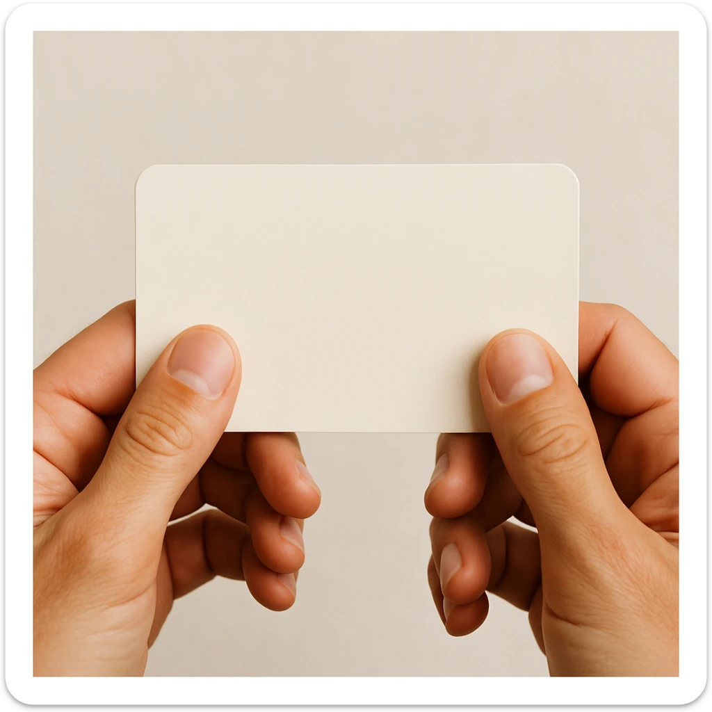 close-up of hands holding a card, thumbs on the card's front, fingers behind, minimal background sticker