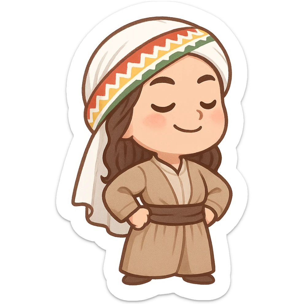 Kurdish man or woman in jamadani, cartoon style, feeling proud, standing tall with hands on hips, confident expression, no text sticker