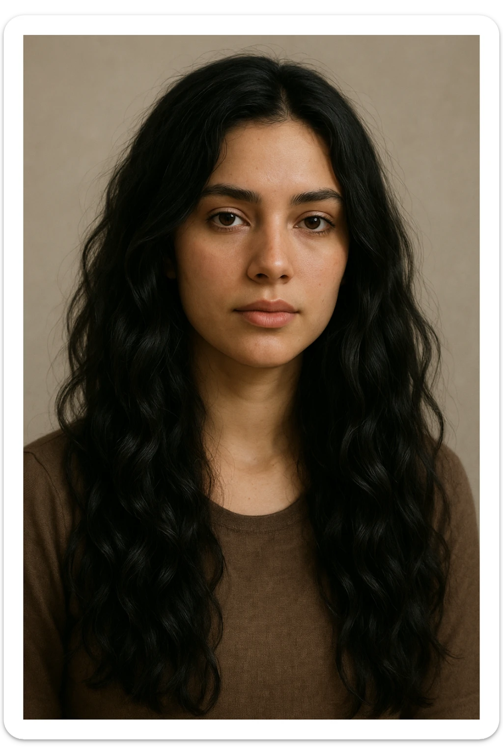 chica de cabello largo ondulado negro, estilo realista, fondo suave sticker