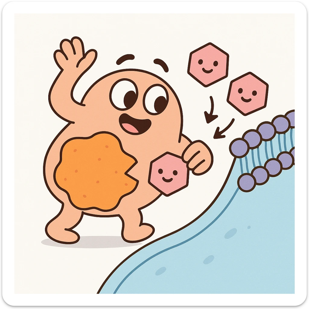 Ultra-detailed illustration of enzyme digestion: amylase breaking starch into sugars near a cell membrane. Clean white background, no text. Scientific but simple sticker