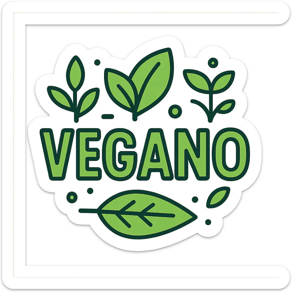the word VEGANO in a bold modern style with green leaves and plant elements, suitable for a vegan brand logo sticker
