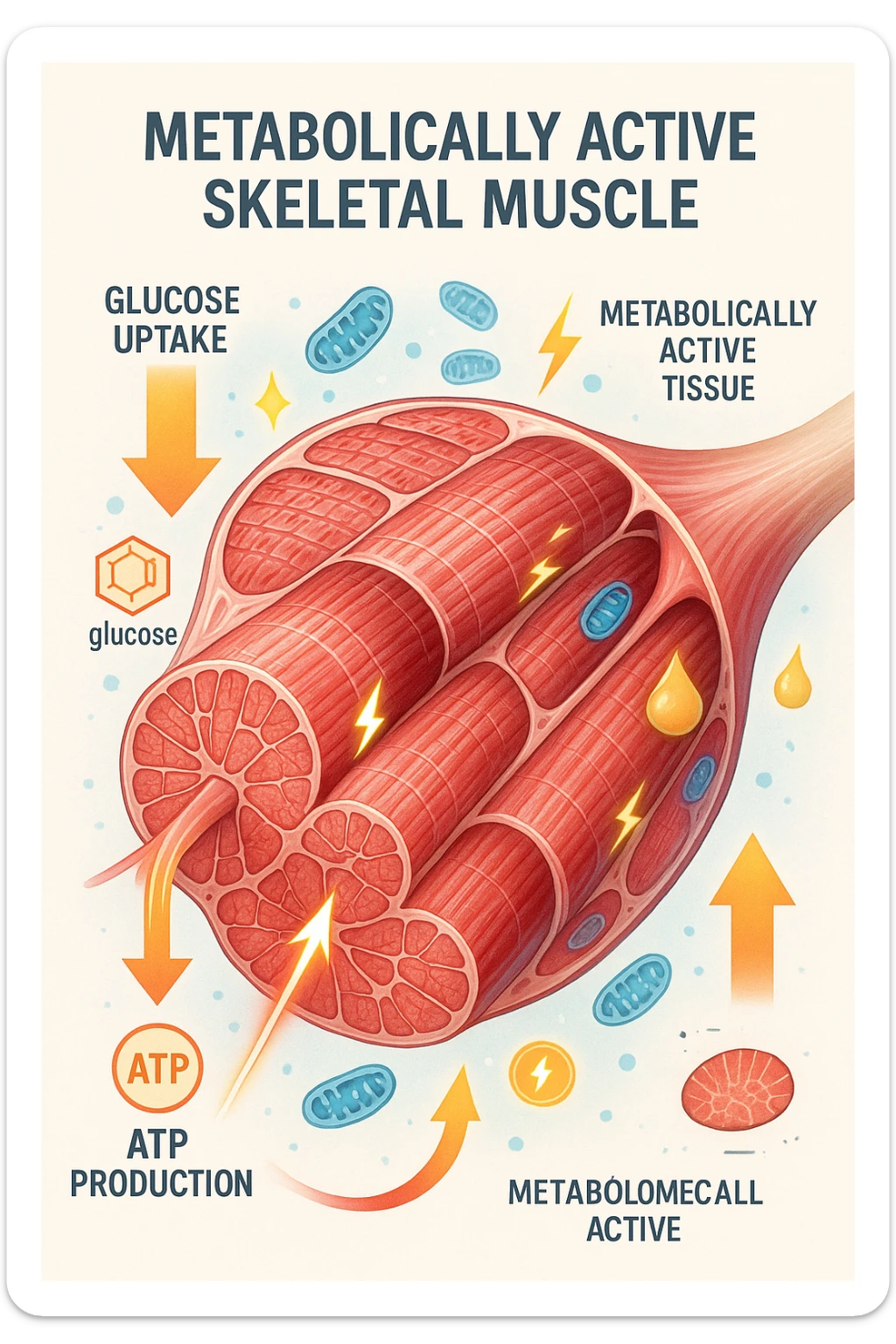 a highly detailed cross-section of human skeletal muscle fibers, shown in vibrant red and pink tones, with visible striations and realistic texture. Glowing arrows and animated icons represent active metabolic processes—such as glucose uptake, fat oxidation, and ATP production—occurring within the muscle tissue. Surrounding the muscle, floating symbols for mitochondria and energy highlight its metabolic activity. The background is clean and clinical, with subtle labels and infographics explaining that muscle is a metabolically active tissue. The overall style is modern, scientific, and visually engaging, suitable for educational or medical use. in italiano sticker