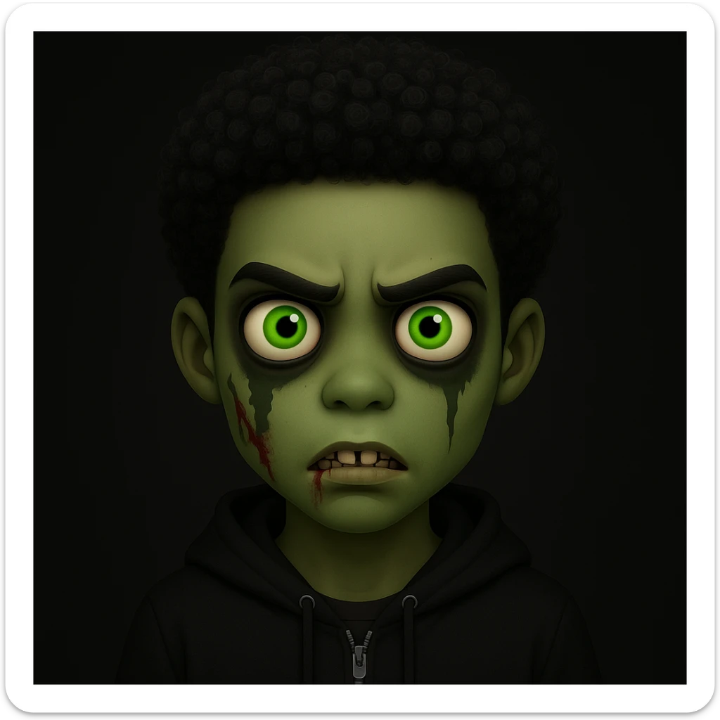 Change the hair to a Black hairstyle with tight curls or afro and add a black hoodie. Keep the boy zombie's green skin, emo vibe, and creepy expression. sticker