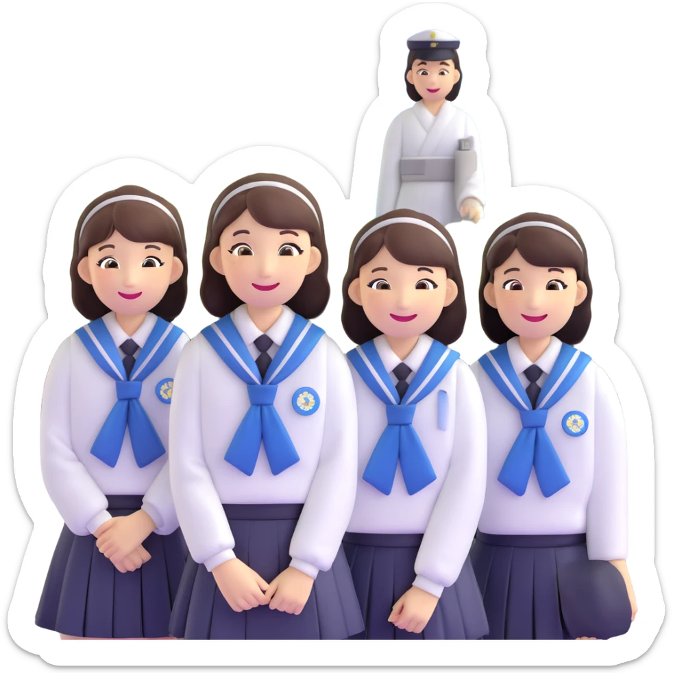 Japanese female high school student in group photo with classmates at Hiroshima Peace Memorial sticker