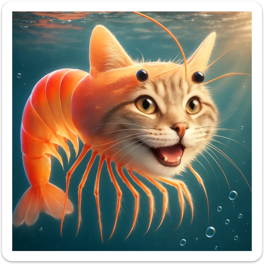 Change the expression of the cat-shrimp creature to happy, keeping all other details and colors the same, in a style consistent with the original image. sticker