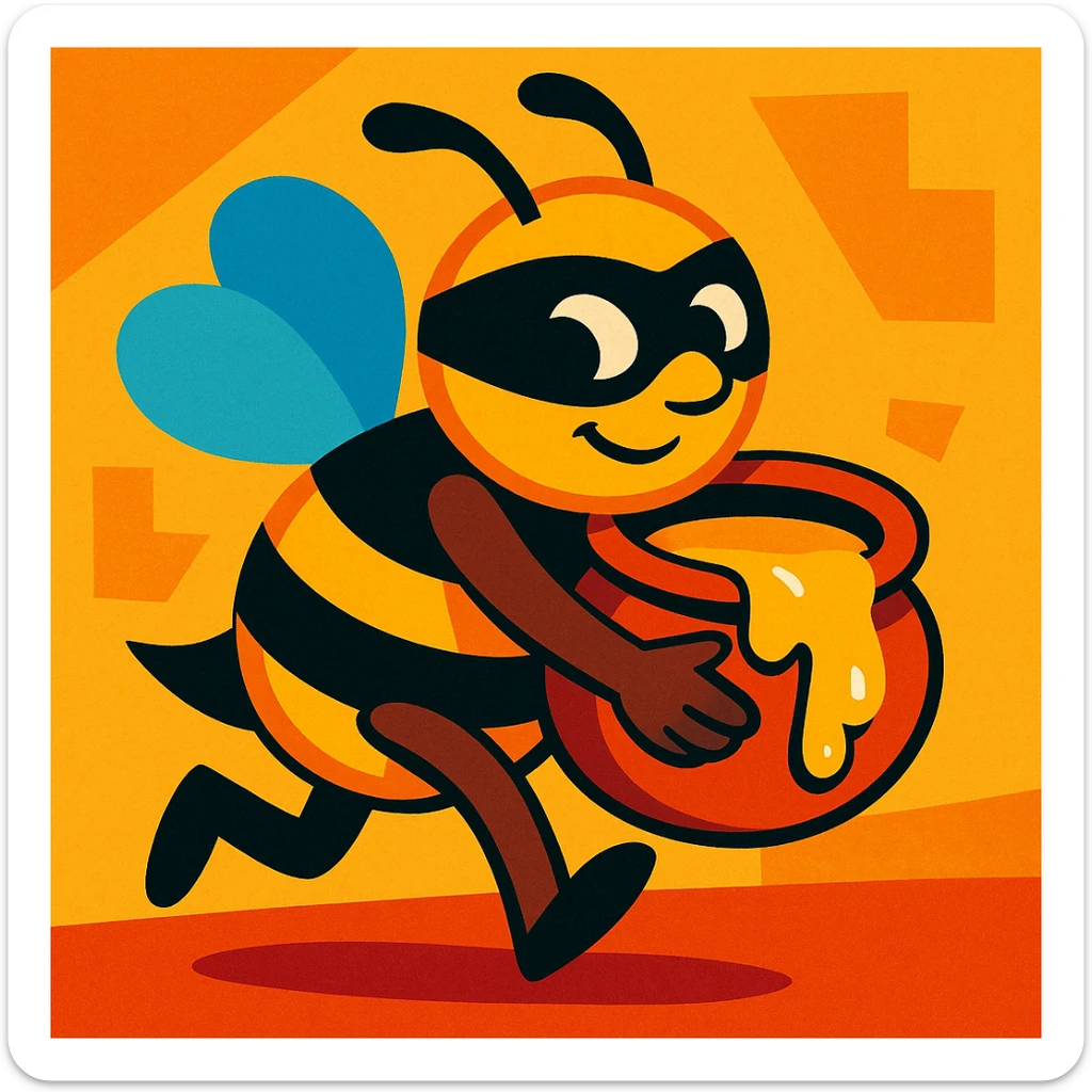 a bee in a mask tiptoeing with honey, playful style, vibrant colors, cartoon style sticker