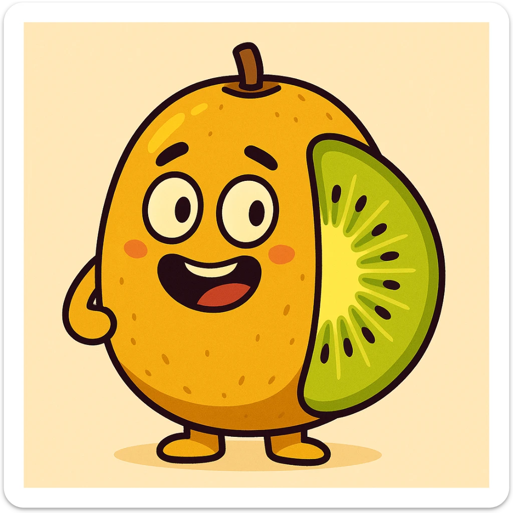 golden kiwi fruit, cartoon style, cute face, bright yellow and green, simple background sticker