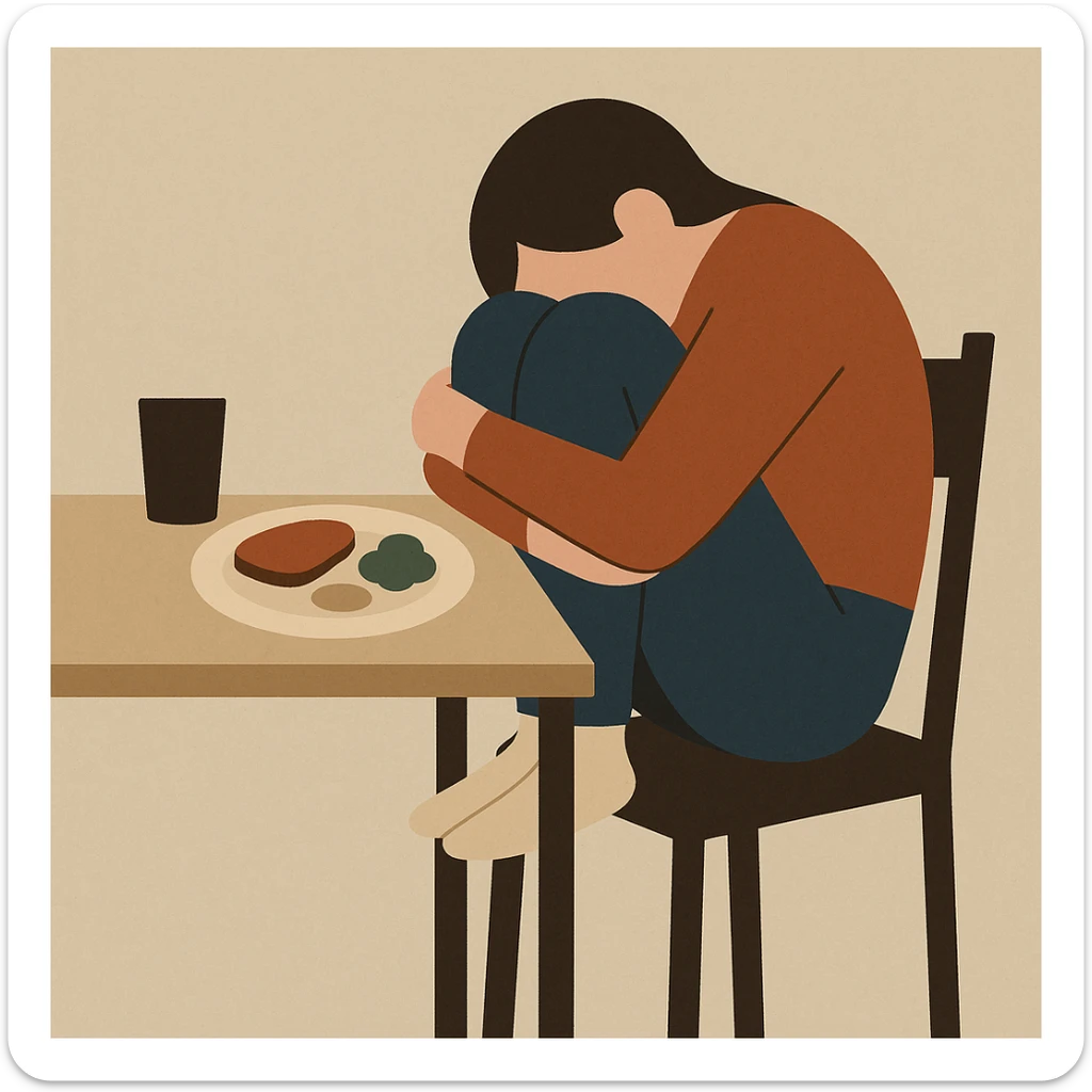 a person hiding their sadness and eating disorder, sitting with knees to chest at a table, head down, untouched meal, muted color palette, minimalist style sticker
