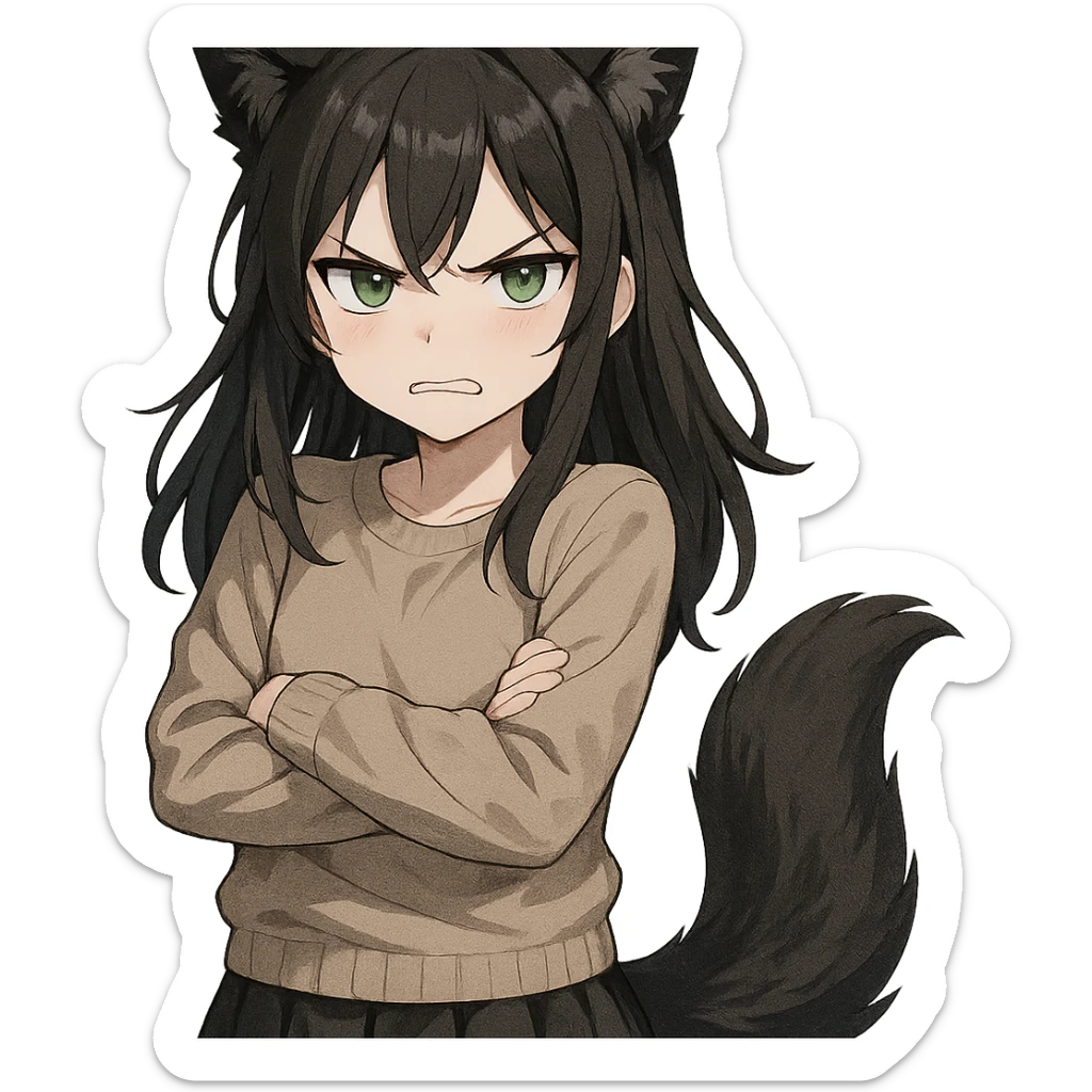 A girl with black fox ears and a tail, green eyes, dark hair, looking angry sticker