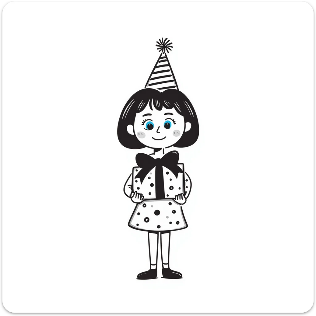 a girl with brown hair and blue eyes, holding a present and wearing a birthday hat, hand drawn doodle style sticker