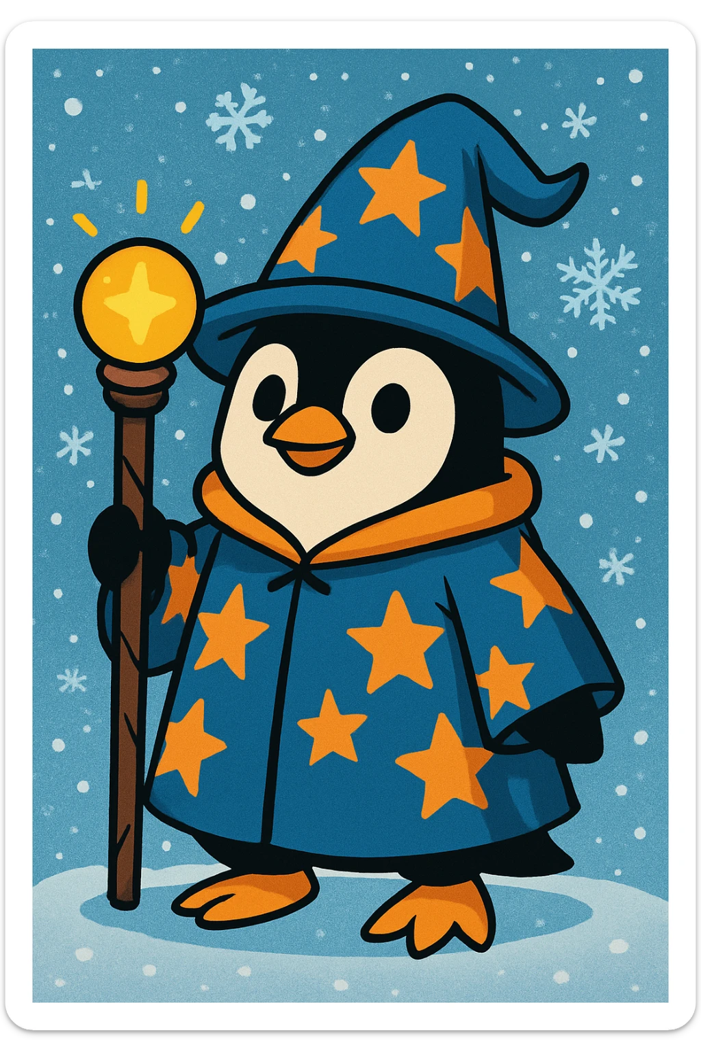 Add a snowy background to the penguin wizard scene, keeping the fun and whimsical vibrant toon style. sticker