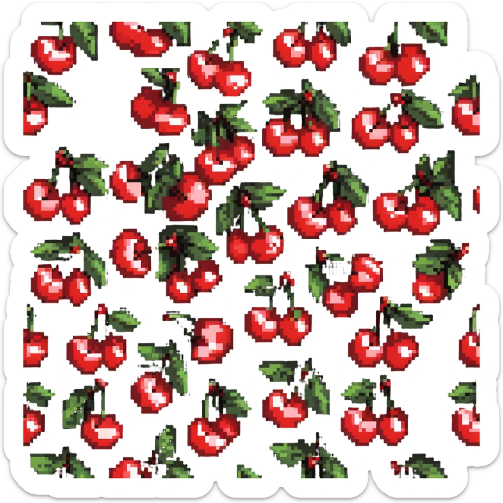 Pixel art of a small bunch of red cherries with green stems sticker
