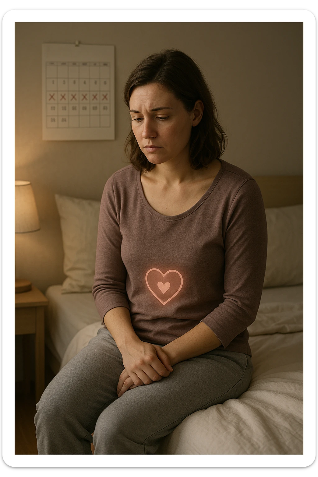 3D realistic medical illustration: a young woman in her 20s or 30s sits on the edge of a bed in a softly lit bedroom, looking thoughtful and slightly concerned. She wears comfortable loungewear, her posture is slouched, and her expression is subdued. Subtle visual cues—such as a faded calendar with missed menstrual cycles and a dimmed heart or energy icon near her abdomen—symbolize low libido and amenorrhea. The scene is realistic, intimate, and empathetic. sticker