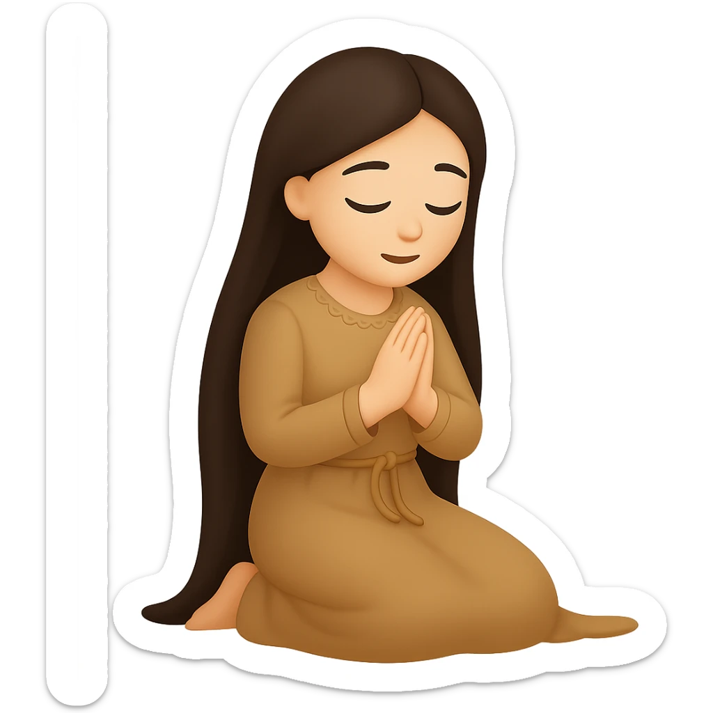 Change the dress color to tan, keep the woman kneeling and praying, long dark brown hair, emoji style, no background. The style should resemble emoji style with simple and clear features. sticker