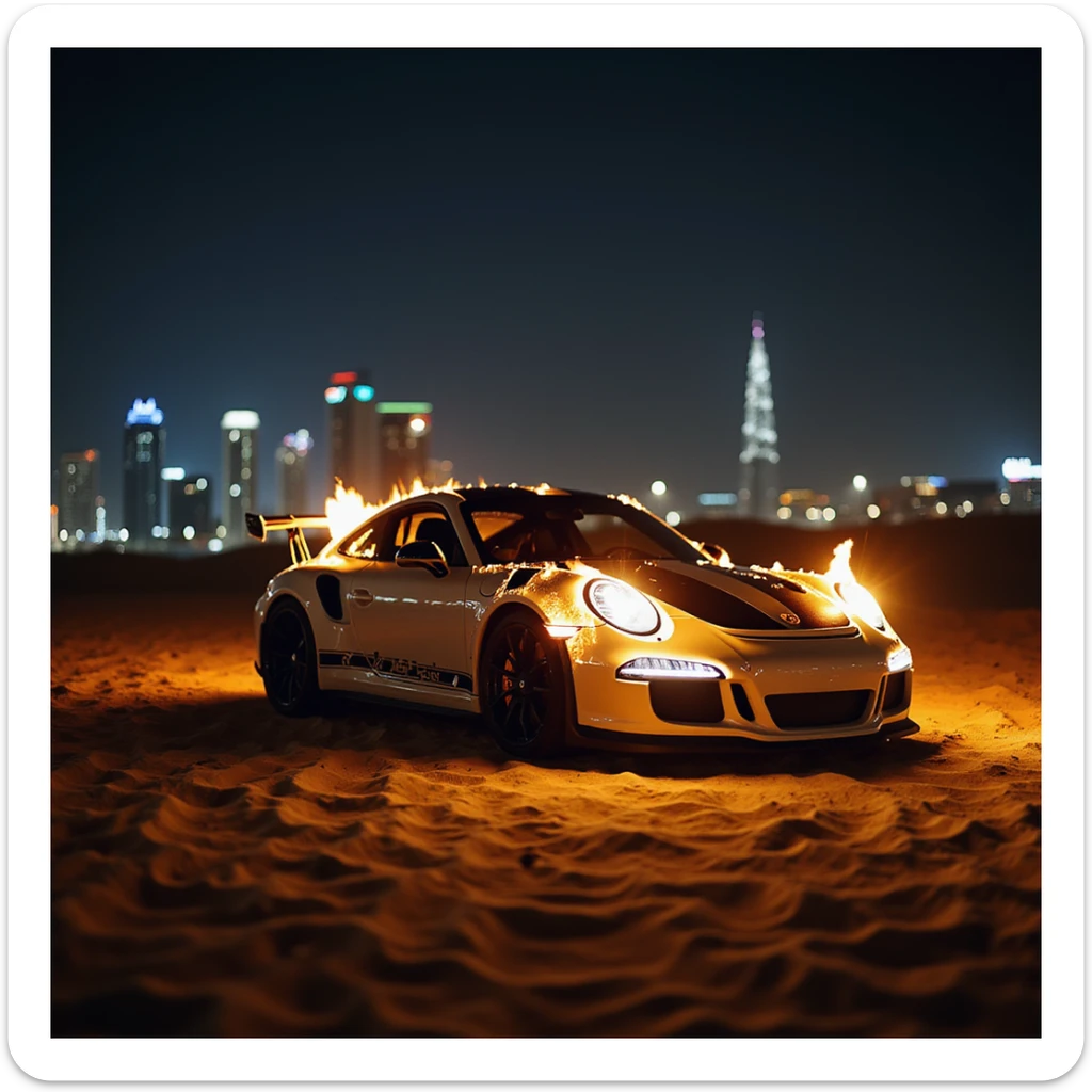 Cinematic shot, Porsche 911 gt3 rs in fire, desert, night, dubai city in background sticker
