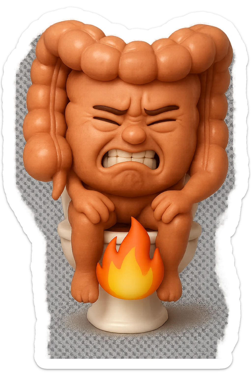 SU QUESTO STILE FAI UN EMOJI STILE IPHONE 3D DI UN INTESTINO CHE sta seduto sul wc e dal wc in mezzo alle sue gambe esce una fiamma stile emoji iphone, FAGLI UN ESPRESSIONE di dolore mentre si sforza E FALLO MOLTO REALISTICO IN 3D sticker