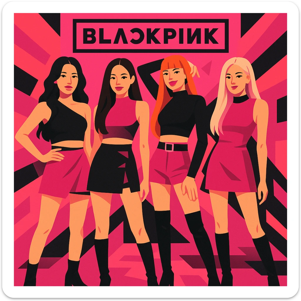 Blackpink K-pop group, iconic pink and black color scheme, stylish modern outfits, confident group pose, energetic vibe sticker