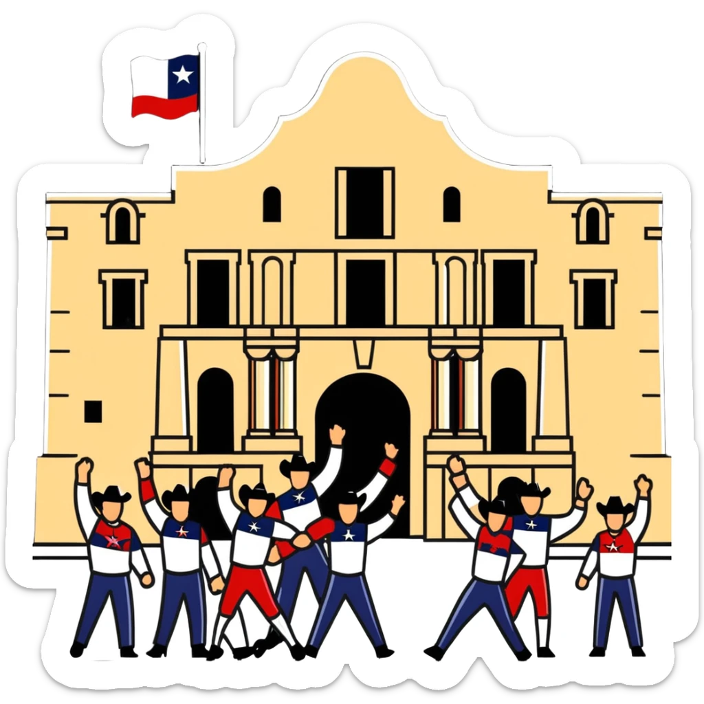 historical image of Texans celebrating in front of the Alamo after victory sticker