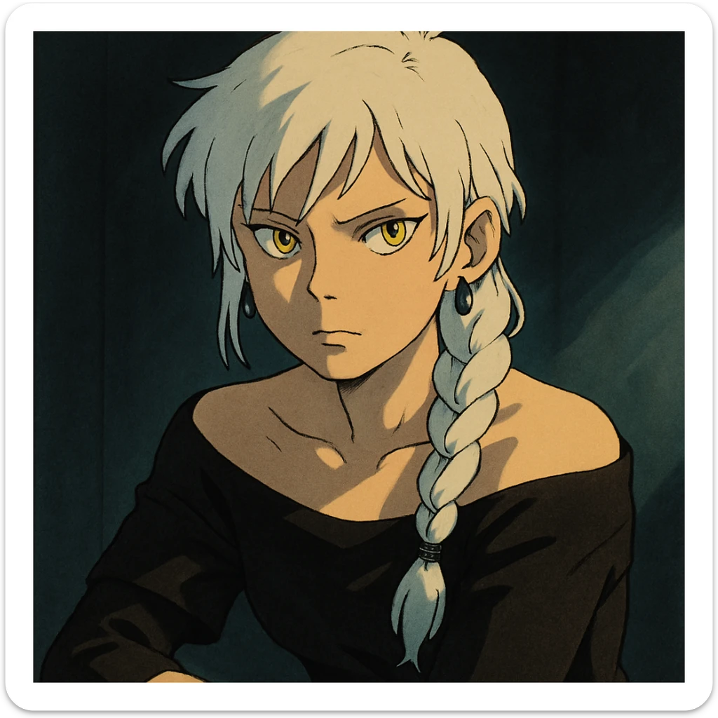 closeup portrait of young woman with gold yellow eyes, white hair in a long braid, black off-shoulder top, punk gothic style, futuristic cyberwave, sitting position, dramatic lighting and shadows, ghibli style sticker