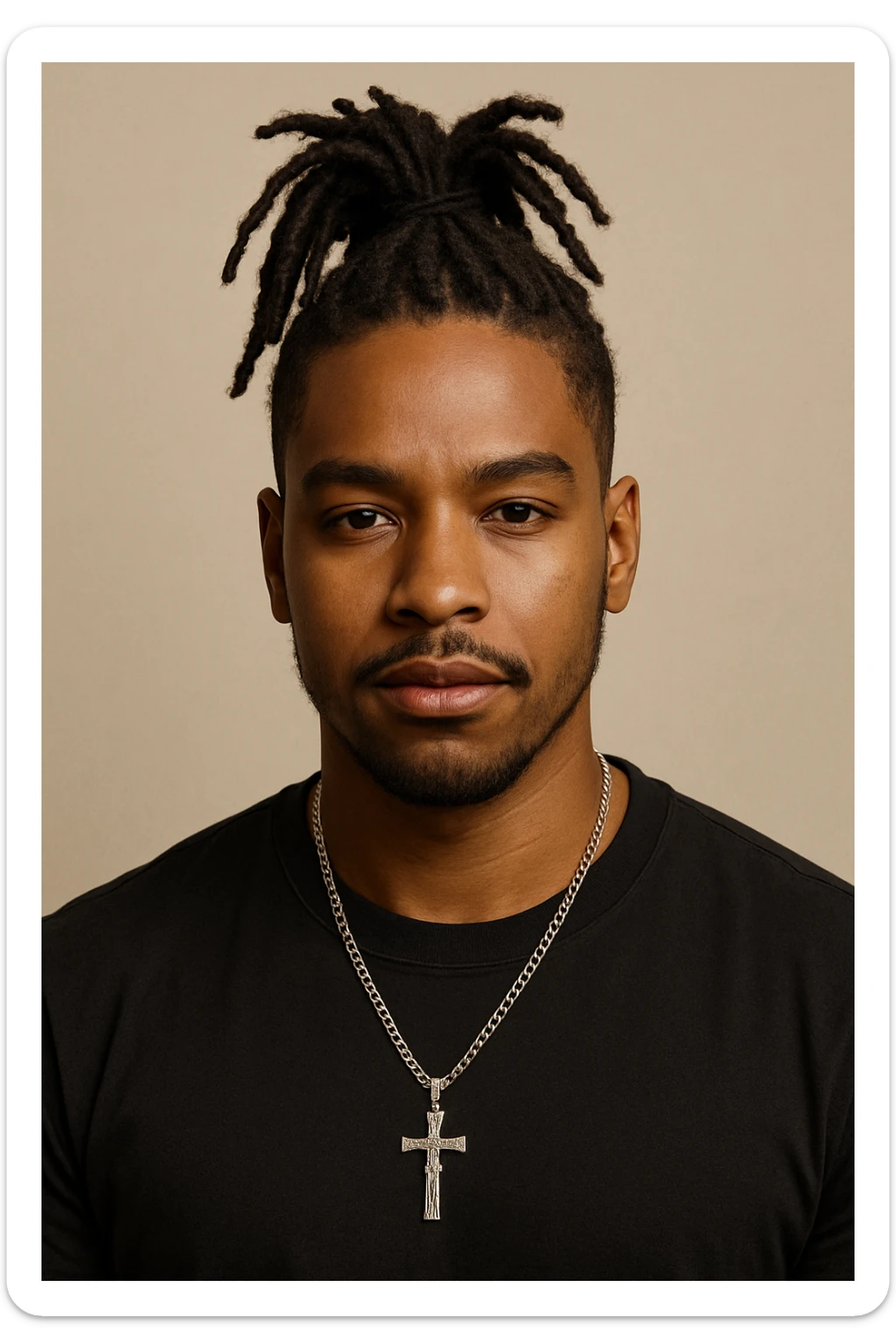 portrait of a brown-skinned person wearing a cross chain, dreadlocks styled in a top ponytail, confident expression, plain background sticker