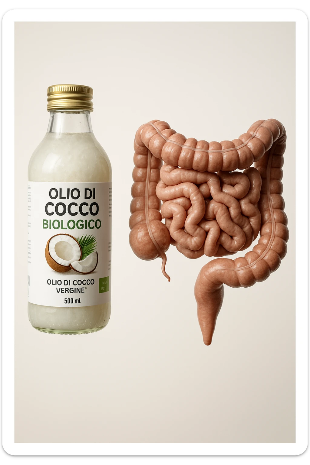 BOCCETTA DI OLIO DI COCCO BIOLOGICO (FAI UN ETICHETTA SUL PRODOTTO IN ITALIANO) CHE FLUTTUA IN ARIA INSIEME A UN INTESTINO UMANO ANATOMICO IN PERFETTA SALUTE, SFONDO CHIARO, iperrealistico 4k sticker
