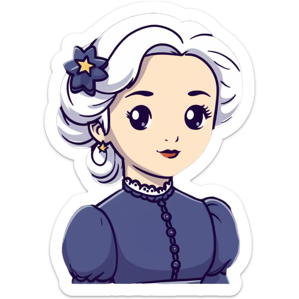 Victorian woman with white hair and starstruck eyes, elegant period dress sticker
