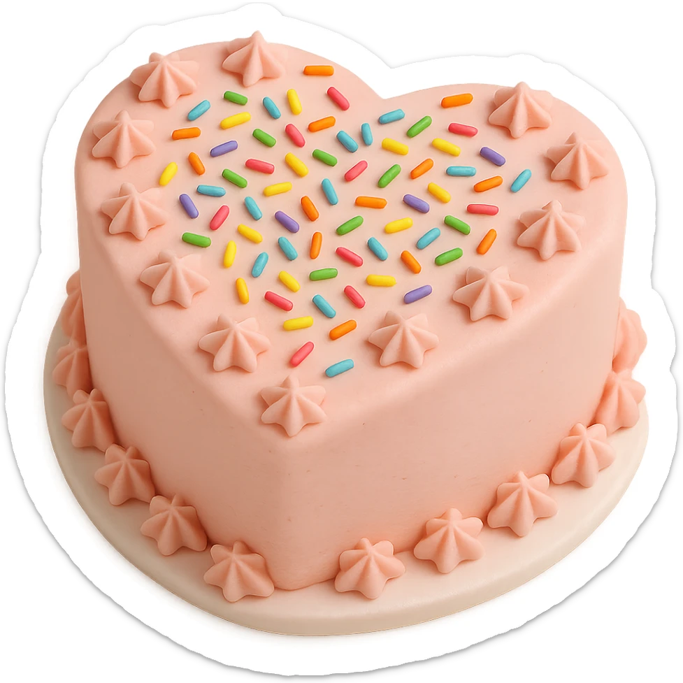 heart-shaped fondant cake with rainbow sprinkles and piped stars sticker